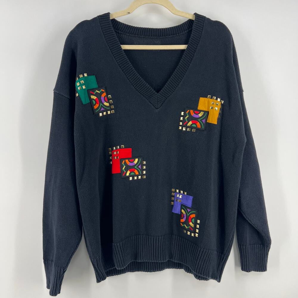 Vintage 80s Sweater Women's L XL Black V Neck Patchwork Studded Boxy Knit Retro